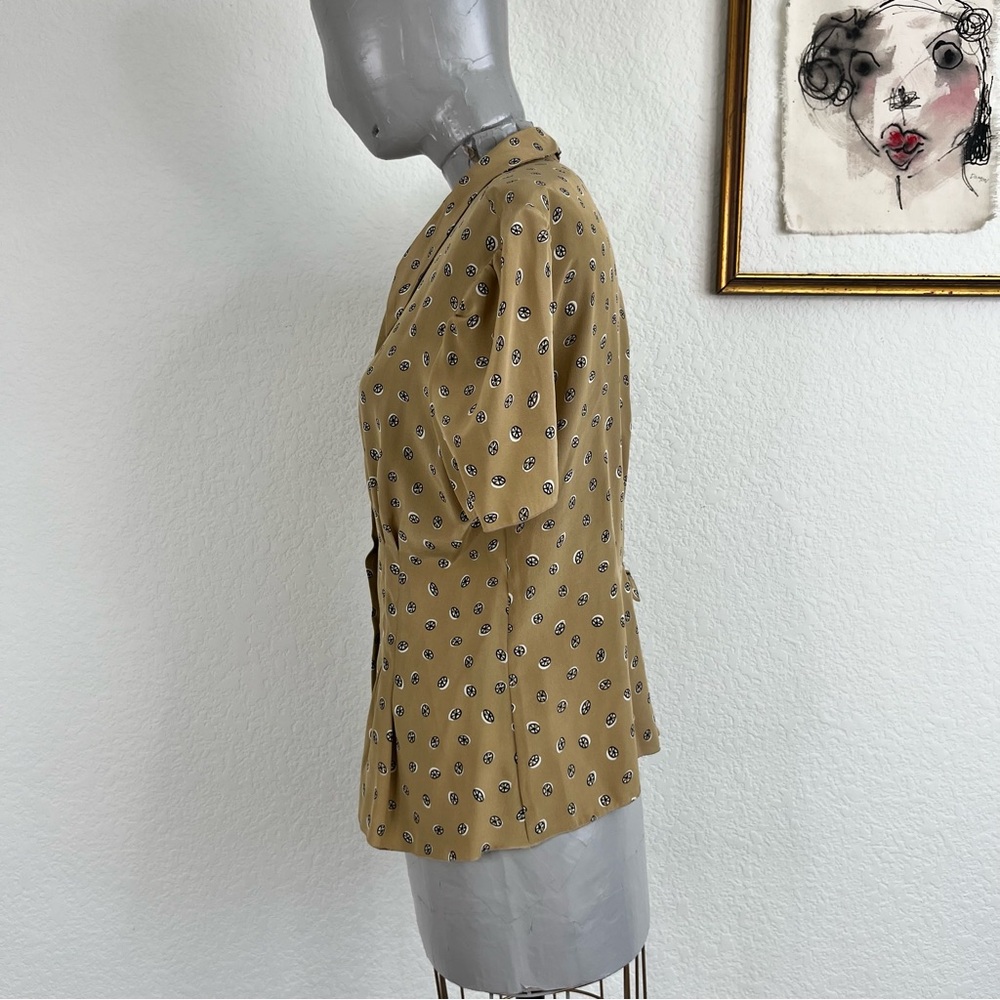 Prada Silk Circular Pattern Button Down Tan Short Sleeve Blouse Top - Picture 4 of 13
